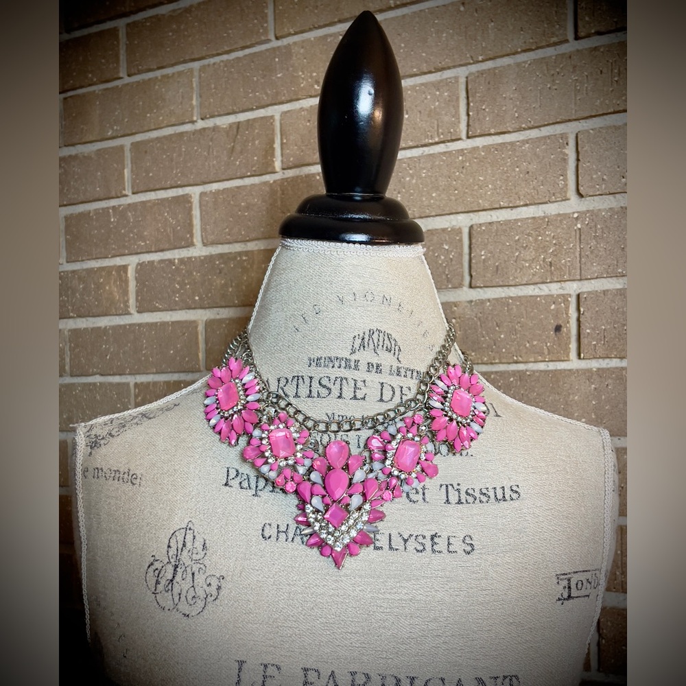 Statement Necklace with Lovely Pink and Opaque White Beads and Rhinestones